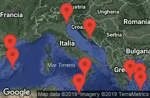 BARCELONA, SPAIN, PALMA DE MALLORCA, SPAIN, AT SEA, SICILY (MESSINA), ITALY, VALLETTA, MALTA, MYKONOS, GREECE, ATHENS (PIRAEUS), GREECE, SANTORINI, GREECE, SPLIT CROATIA, VENICE, ITALY