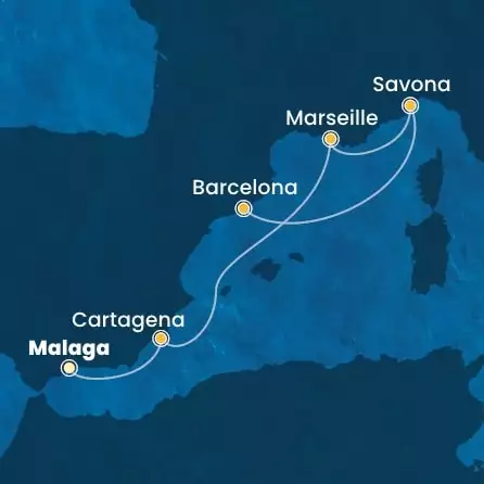 COSTA DIADEMA - útvonalterv 5 éjszaka indulás MALAGA kelt 25/10/2026 - Spain, France, Italy