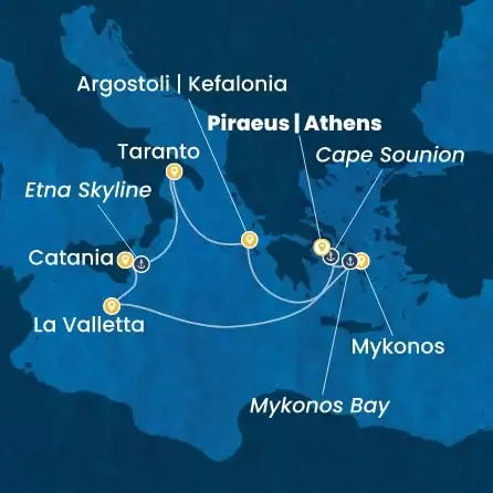COSTA SERENA - útvonalterv 7 éjszaka indulás PIRAEUS-ATHENS kelt 04/08/2027 - Greece, Malta, Italy