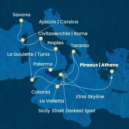 COSTA FASCINOSA - útvonalterv 10 éjszaka indulás PIRAEUS-ATHENS kelt 09/09/2026 - Greece, Malta, Italy, Tunisia, Corsica (France)