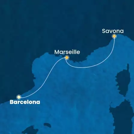 COSTA FORTUNA - útvonalterv 1 éjszaka indulás BARCELONA kelt 16/04/2026 - Spain, France, Italy