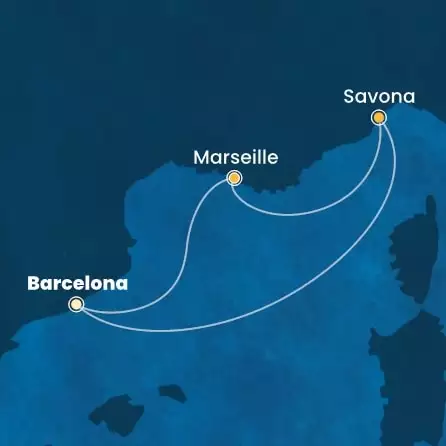 COSTA FASCINOSA - útvonalterv 2 éjszaka indulás BARCELONA kelt 05/04/2025 - Spain, France, Italy