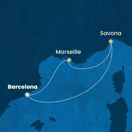 COSTA DIADEMA - útvonalterv 2 éjszaka indulás BARCELONA kelt 31/10/2026 - Spain, France, Italy