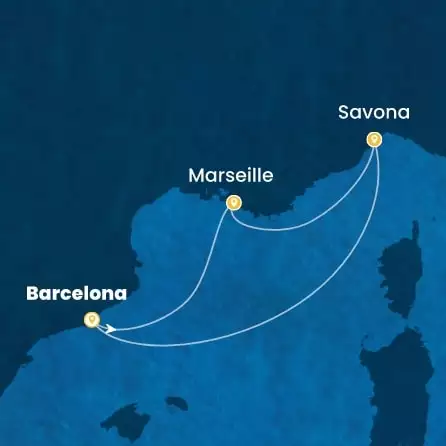 COSTA DIADEMA - útvonalterv 2 éjszaka indulás BARCELONA kelt 31/10/2026 - Spain, France, Italy
