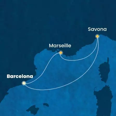 COSTA FASCINOSA - útvonalterv 3 éjszaka indulás BARCELONA kelt 10/04/2026 - Spain, France, Italy