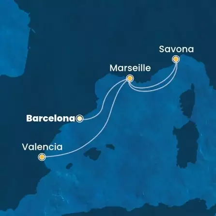 COSTA PACIFICA - útvonalterv 3 éjszaka indulás BARCELONA kelt 28/03/2026 - Spain, France, Italy