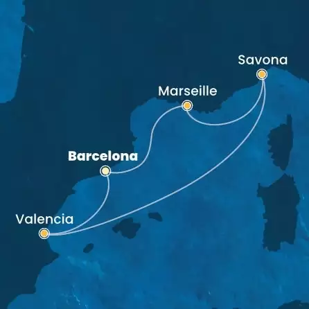 COSTA FASCINOSA - útvonalterv 4 éjszaka indulás BARCELONA kelt 11/04/2025 - Spain, France, Italy