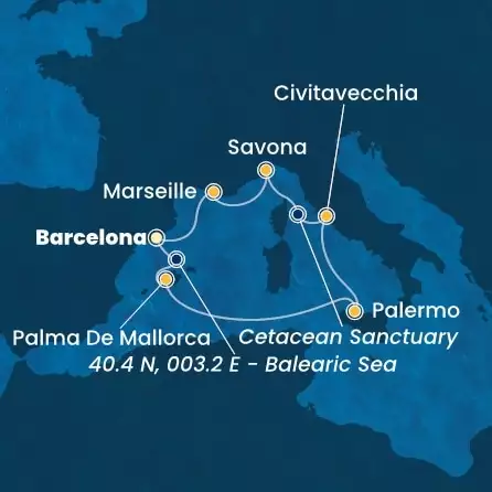 COSTA TOSCANA - útvonalterv 6 éjszaka indulás BARCELONA kelt 18/11/2024 - Spain, Balearic Islands, Italy, France