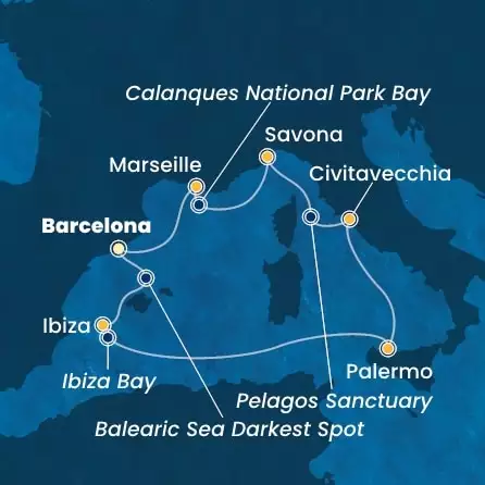 COSTA TOSCANA - útvonalterv 6 éjszaka indulás BARCELONA kelt 15/07/2025 - Spain, Balearic Islands, Italy, France