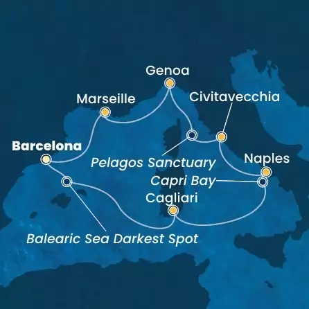 COSTA SMERALDA - útvonalterv 6 éjszaka indulás BARCELONA kelt 20/07/2025 - Spain, Italy, France