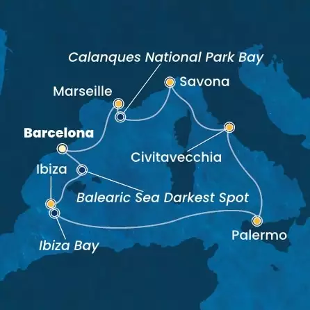 COSTA SMERALDA - útvonalterv 6 éjszaka indulás BARCELONA kelt 20/07/2026 - Spain, Balearic Islands, Italy, France