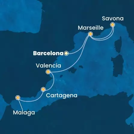 COSTA FAVOLOSA - útvonalterv 6 éjszaka indulás BARCELONA kelt 31/03/2026 - Spain, France, Italy