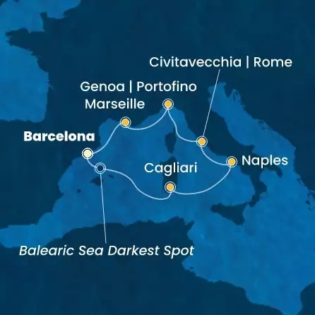 COSTA TOSCANA - útvonalterv 6 éjszaka indulás BARCELONA kelt 15/03/2026 - Spain, Italy, France