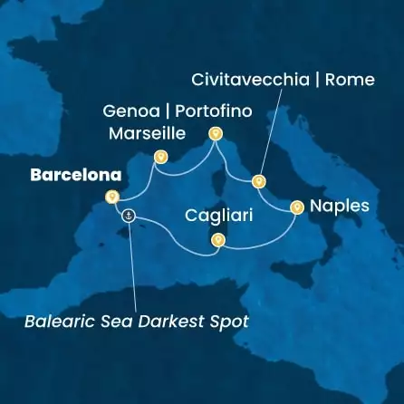 COSTA TOSCANA - útvonalterv 6 éjszaka indulás BARCELONA kelt 04/10/2026 - Spain, Italy, France
