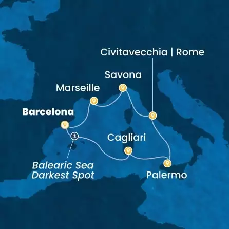 COSTA SMERALDA - útvonalterv 6 éjszaka indulás BARCELONA kelt 19/10/2026 - Spain, Italy, France