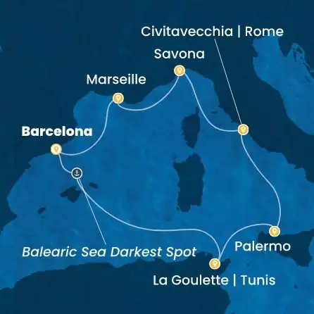 COSTA PACIFICA - útvonalterv 6 éjszaka indulás BARCELONA kelt 27/10/2026 - Spain, Tunisia, Italy, France