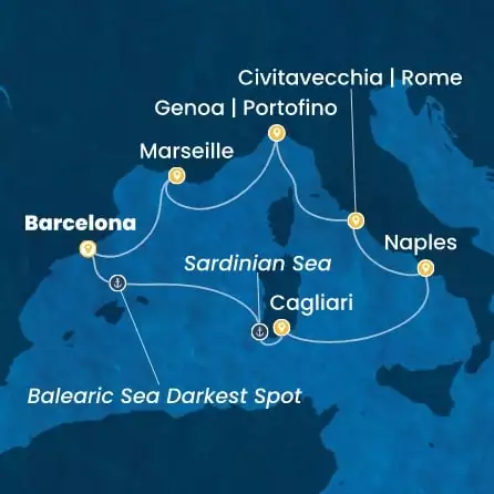 COSTA SMERALDA - útvonalterv 6 éjszaka indulás BARCELONA kelt 26/09/2027 - Spain, Italy, France