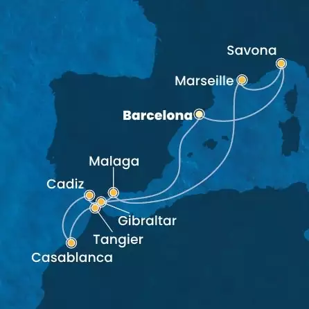 COSTA DIADEMA - útvonalterv 9 éjszaka indulás BARCELONA kelt 09/10/2026 - Spain, Morocco, Gibraltar, France, Italy