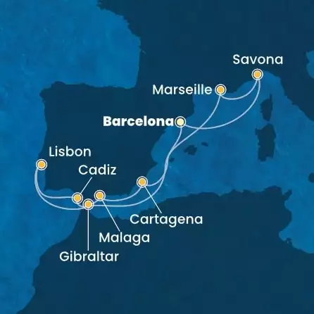 COSTA FAVOLOSA - útvonalterv 10 éjszaka indulás BARCELONA kelt 22/04/2026 - Spain, Italy, France, Gibraltar, Portugal