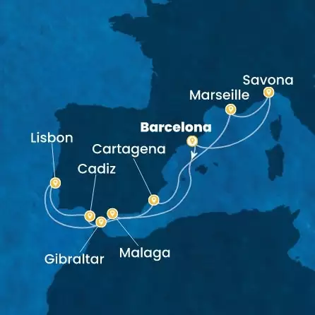 COSTA DIADEMA - útvonalterv 11 éjszaka indulás BARCELONA kelt 19/10/2026 - Spain, Portugal, Gibraltar, France, Italy