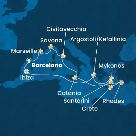 COSTA FASCINOSA - útvonalterv 13 éjszaka indulás BARCELONA kelt 16/05/2025 - Spain, France, Italy, Greece, Balearic Islands