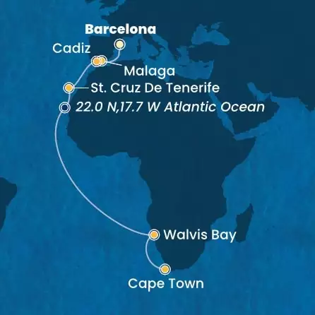 COSTA TOSCANA - útvonalterv 17 éjszaka indulás BARCELONA kelt 15/11/2025 - Spain, Canary Islands, Namibia, South Africa