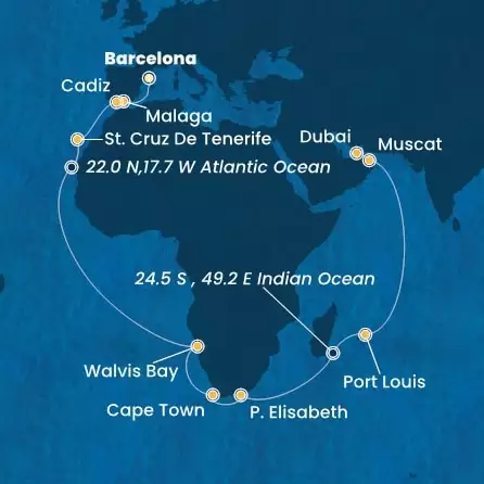 COSTA TOSCANA - útvonalterv 34 éjszaka indulás BARCELONA kelt 15/11/2025 - Spain, Canary Islands, Namibia, South Africa, Mauritius, Oman, United Arab Emirates