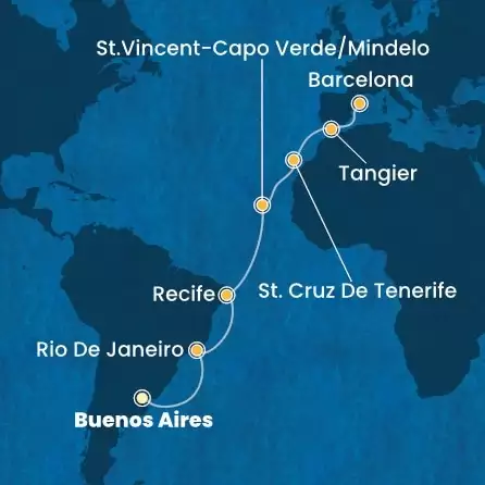 COSTA FAVOLOSA - útvonalterv 17 éjszaka indulás BUENOS AIRES kelt 13/03/2026 - Argentina, Brazil, Cape Verde, Canary Islands, Morocco, Spain