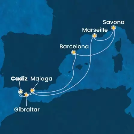 COSTA DIADEMA - útvonalterv 7 éjszaka indulás CADIZ kelt 13/10/2026 - Spain, Gibraltar, France, Italy