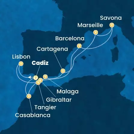 COSTA DIADEMA - útvonalterv 12 éjszaka indulás CADIZ kelt 30/09/2026 - Spain, Portugal, Gibraltar, France, Italy, Morocco