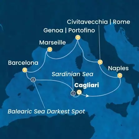 COSTA SMERALDA - útvonalterv 6 éjszaka indulás CAGLIARI kelt 28/09/2027 - Italy, France, Spain