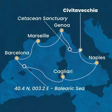 COSTA SMERALDA - útvonalterv 6 éjszaka indulás CIVITAVECCHIA kelt 07/11/2024 - Italy, France, Spain