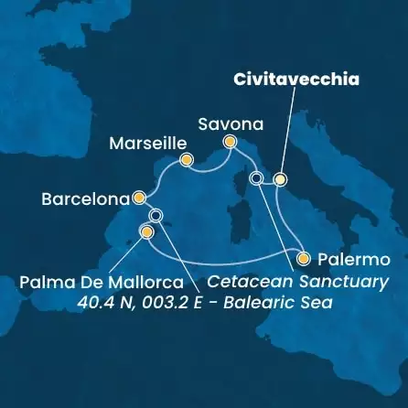 COSTA TOSCANA - útvonalterv 6 éjszaka indulás CIVITAVECCHIA kelt 31/01/2025 - Italy, France, Spain, Balearic Islands