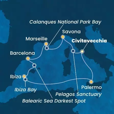 COSTA TOSCANA - útvonalterv 6 éjszaka indulás CIVITAVECCHIA kelt 17/05/2025 - Italy, France, Spain, Balearic Islands