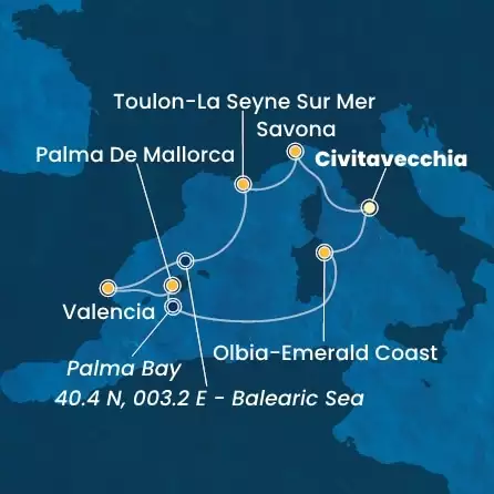 COSTA PACIFICA - útvonalterv 6 éjszaka indulás CIVITAVECCHIA kelt 11/07/2025 - Italy, France, Spain, Balearic Islands