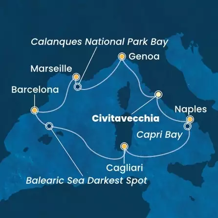 COSTA TOSCANA - útvonalterv 6 éjszaka indulás CIVITAVECCHIA kelt 14/05/2026 - Italy, France, Spain