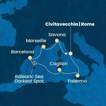 COSTA SMERALDA - útvonalterv 6 éjszaka indulás CIVITAVECCHIA kelt 16/10/2026 - Italy, France, Spain
