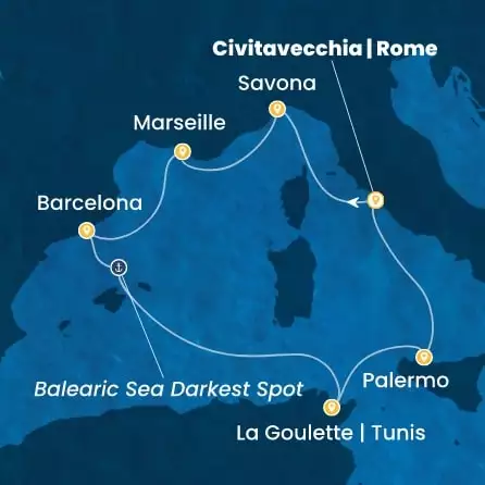 COSTA PACIFICA - útvonalterv 6 éjszaka indulás CIVITAVECCHIA kelt 24/10/2026 - Italy, France, Spain, Tunisia