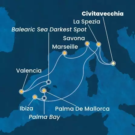 COSTA PACIFICA - útvonalterv 7 éjszaka indulás CIVITAVECCHIA kelt 03/04/2026 - Italy, France, Spain, Balearic Islands