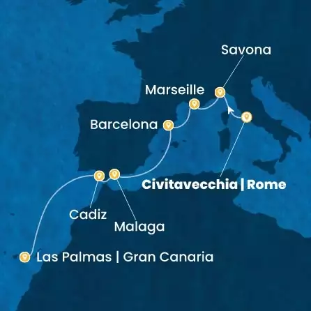 COSTA SMERALDA - útvonalterv 7 éjszaka indulás CIVITAVECCHIA kelt 11/11/2026 - Italy, France, Spain, Canary Islands