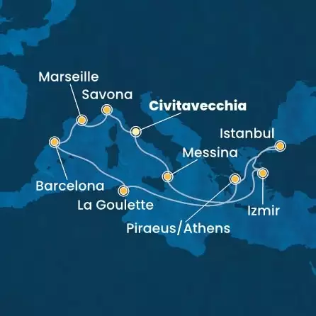 COSTA FORTUNA - útvonalterv 13 éjszaka indulás CIVITAVECCHIA kelt 19/04/2026 - Italy, Turkey, Greece, Tunisia, Spain, France