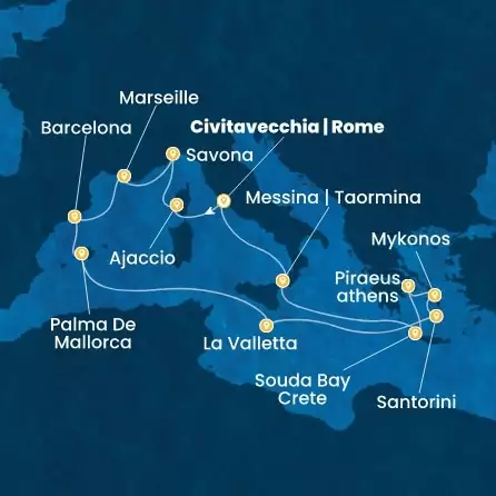 COSTA FASCINOSA - útvonalterv 14 éjszaka indulás CIVITAVECCHIA kelt 18/09/2026 - Italy, Corsica (France), France, Spain, Balearic Islands, Malta, Greece