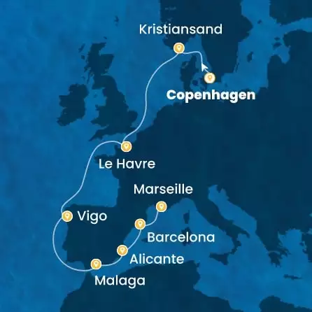 COSTA DIADEMA - útvonalterv 9 éjszaka indulás COPENHAGEN kelt 12/09/2026 - Denmark, Norway, France, Spain