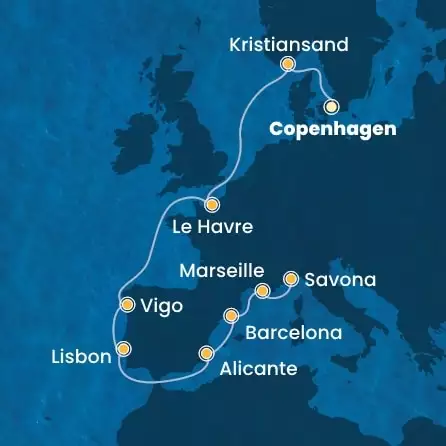 COSTA DIADEMA - útvonalterv 10 éjszaka indulás COPENHAGEN kelt 13/09/2025 - Denmark, Norway, France, Spain, Portugal, Italy