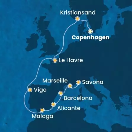 COSTA DIADEMA - útvonalterv 10 éjszaka indulás COPENHAGEN kelt 12/09/2026 - Denmark, Norway, France, Spain, Italy