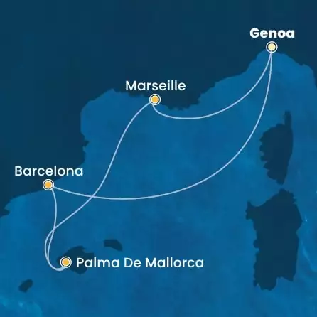 COSTA TOSCANA - útvonalterv 4 éjszaka indulás GENOA kelt 16/02/2026 - Italy, Spain, Balearic Islands, France