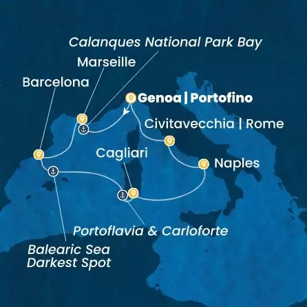 COSTA SMERALDA - útvonalterv 7 éjszaka indulás GENOA kelt 03/09/2027 - Italy, France, Spain