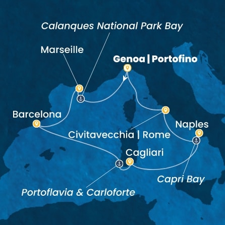 COSTA SMERALDA - útvonalterv 6 éjszaka indulás GENOA kelt 07/05/2027 - Italy, France, Spain