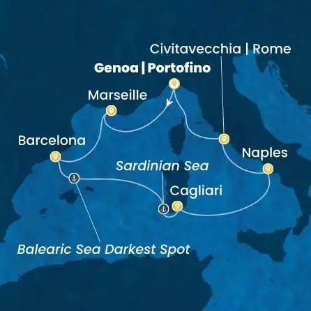 COSTA SMERALDA - útvonalterv 7 éjszaka indulás GENOA kelt 10/09/2027 - Italy, France, Spain
