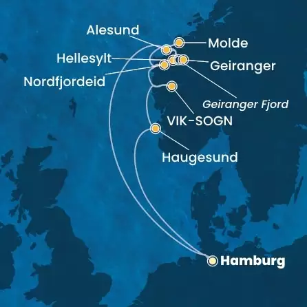 COSTA FAVOLOSA - útvonalterv 8 éjszaka indulás HAMBURG kelt 01/07/2026 - Germany, Norway